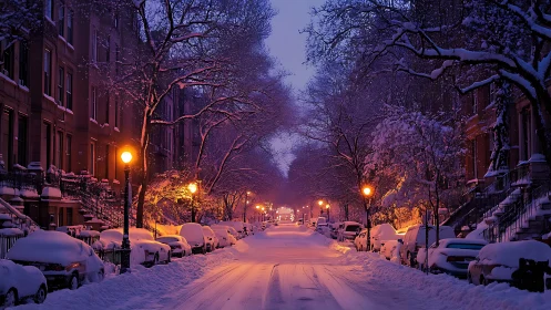 Snow covered residential street shows parked cars and trees at dusk