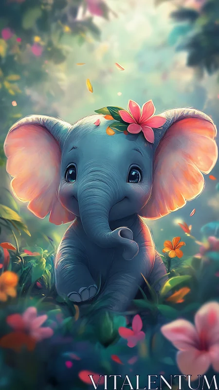 Baby elephant sits in flower field under soft forest light