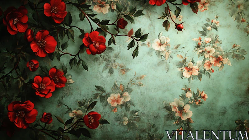 Vibrant Red Blooms Against Weathered Mint Backdrop.