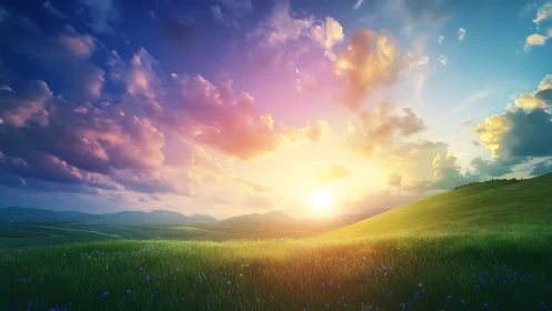 Sunlit hills glow beneath radiant pastel evening sky.