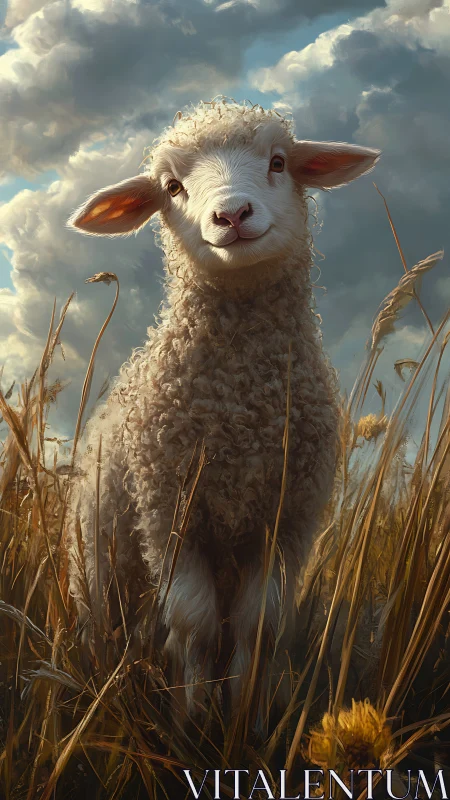Curly lamb smiling softly in a sunlit golden meadow.