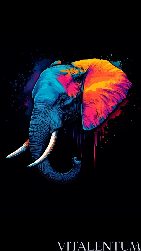 Neon elephant portrait in saturated duotone ink splatter style.
