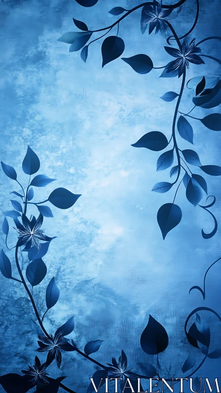 Monochrome blue floral vine border on textured gradient ground