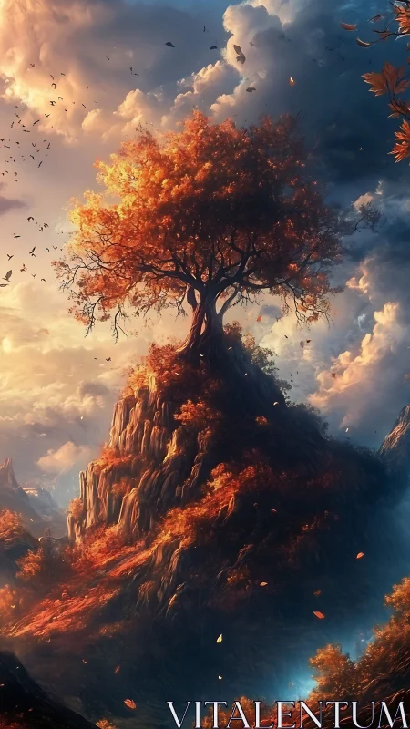 Solitary deciduous tree occupies the summit of a rocky hill