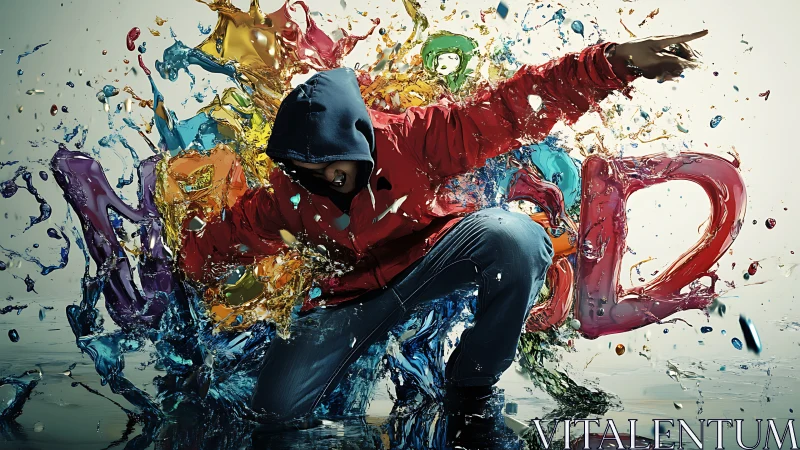 Kinetic hoodie dancer shattering multicolor liquid typography.