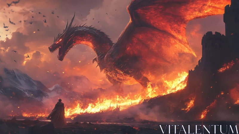 Fire dragon dominates burning castle under stormy sky
