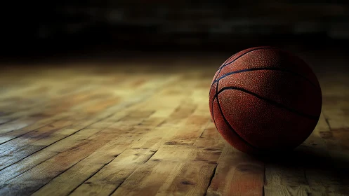Lonely basketball rests on worn wooden gym floor in shadows.