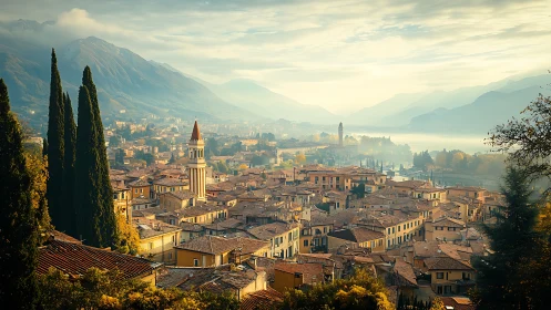 Sunlit Italian lakeside town with tiled roofs and hills.