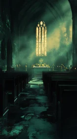 Gothic church interior glows through misty stained light