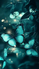Bioluminescent teal butterflies in shallow-depth bokeh forest field