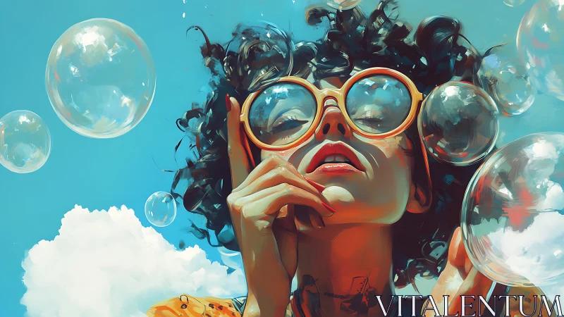 Woman in oversized sunglasses gazes upward through floating bubbles