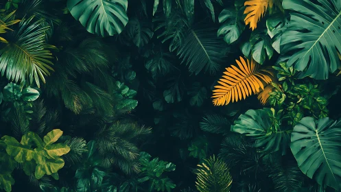 Dense tropical foliage forms a high-contrast botanical tapestry