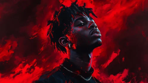 Bold young portrait rises from a storm of glowing red color