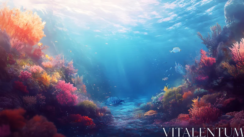 Sunlit coral canyon where radiant reefs cradle wandering fish.