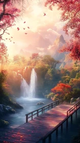 Wooden bridge over river with waterfall in forest valley.