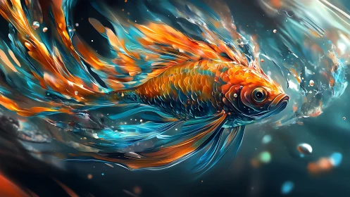 Digital painting of luminous koi in dynamic fluid motion.