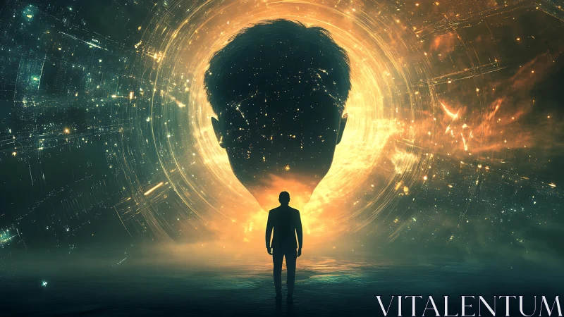 Surreal cosmic silhouette portal with luminous head outline.