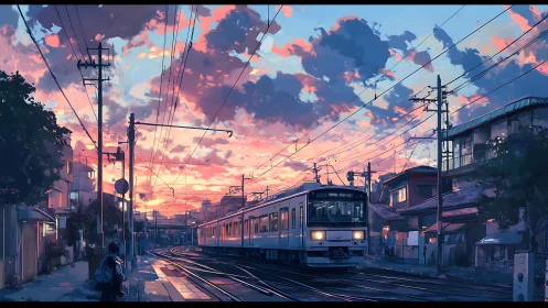 Soft evening train gliding through a quiet neighborhood street