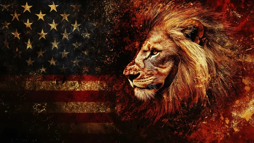 Lion profile merged with distressed United States flag.