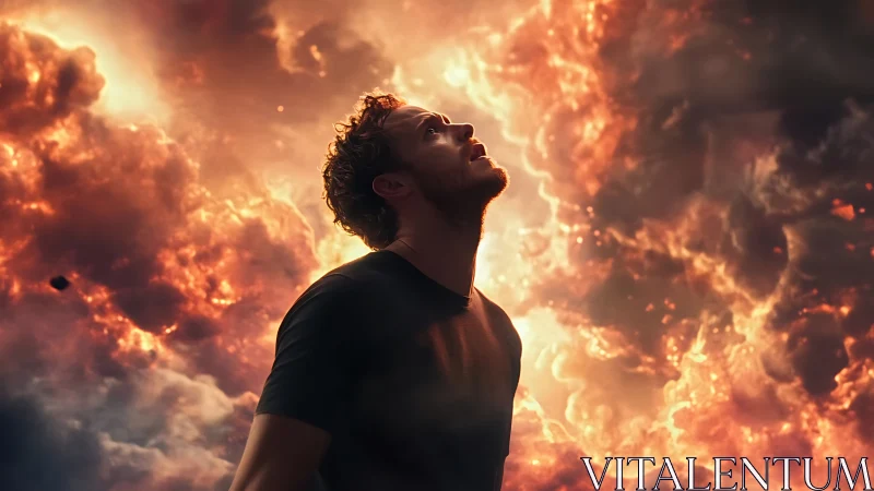 Wonderstruck man gazing into fiery, swirling cosmic sky.