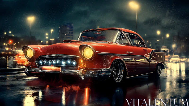 Red classic coupe on wet city street at night in rain.