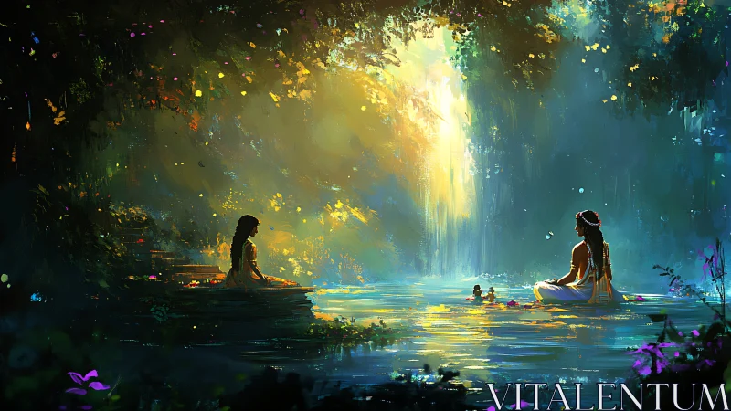 Mystic forest pool with women in golden waterfall light.