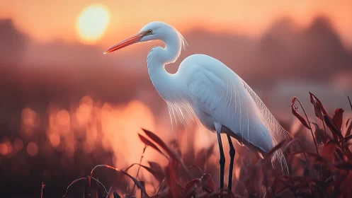 Photorealistic egret study in warm backlit marshland atmosphere.