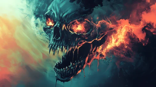 Flaming spectral skull erupts from swirling cosmic darkness.