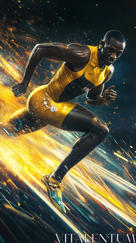 Elite sprinter exploding through kinetic golden light field.