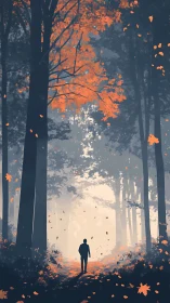 Solitary Figure Stands Among Autumn Forest and Falling Leaves.