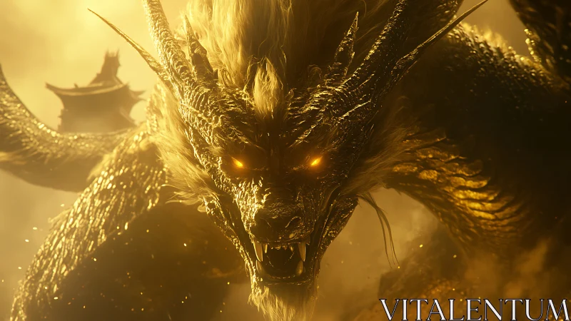 Golden-scaled oriental dragon roars in cinematic haze.