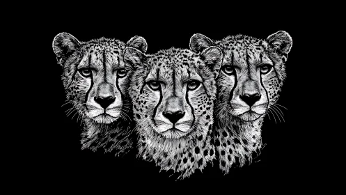 Three Cheetahs: Ink Study in Grayscale Portraiture.