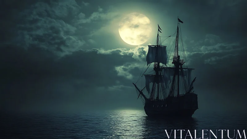 Moonlit tall ship drifting through quiet midnight waters.