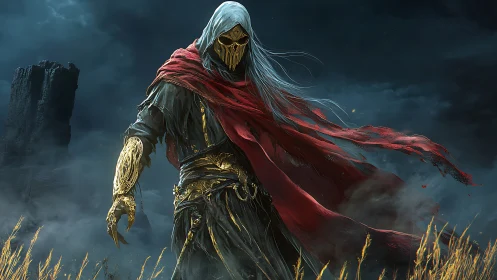 Hooded skeletal warlord strides through stormlit wasteland.