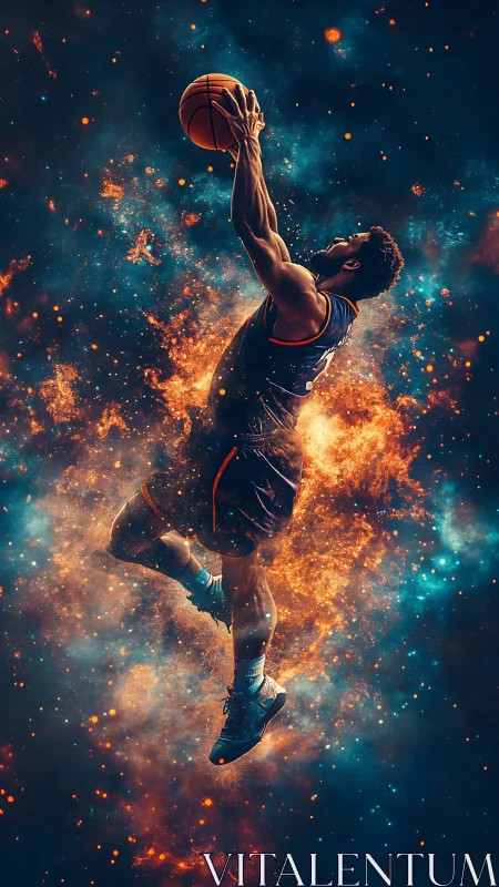 Cosmic basketball dunk frozen in explosive nebula glow.
