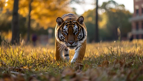 Tiger walks through sunlit grass in shallow depth of field