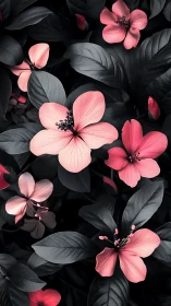 Pink Blossoms Against Obsidian Foliage.