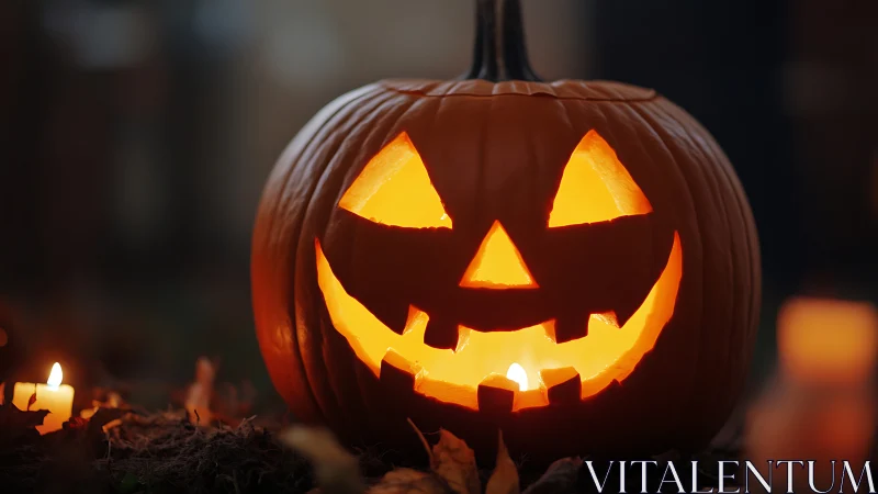 Grinning jack-o’-lantern glows warmly on a spooky night