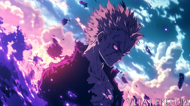 Explosive anime antihero glows amid chromatic energy clouds