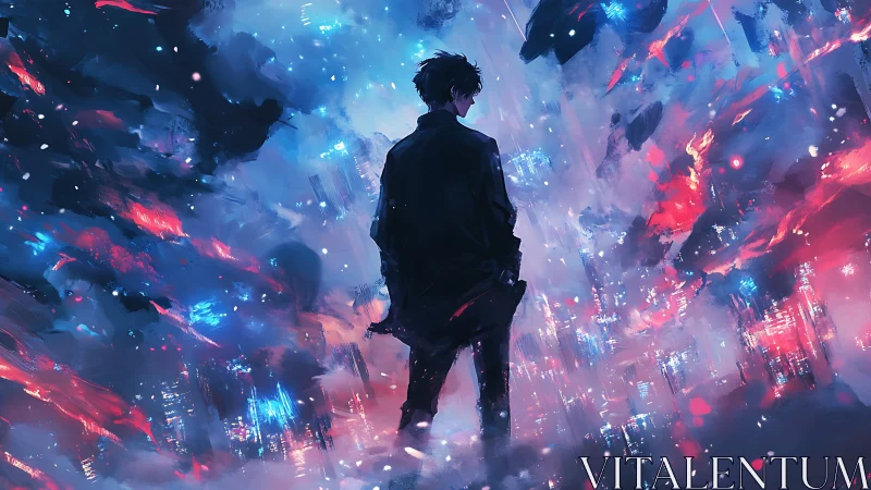 Backlit silhouette in chromatic cyber-metropolis vortex.