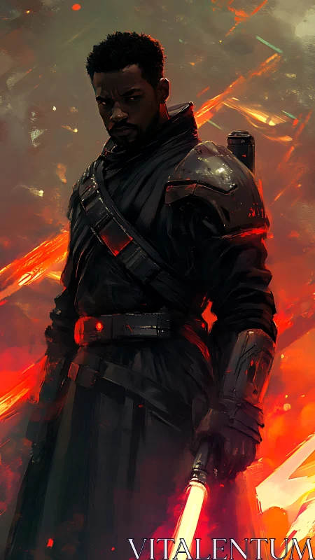 Armored dark warrior with energy sword amid molten sparks