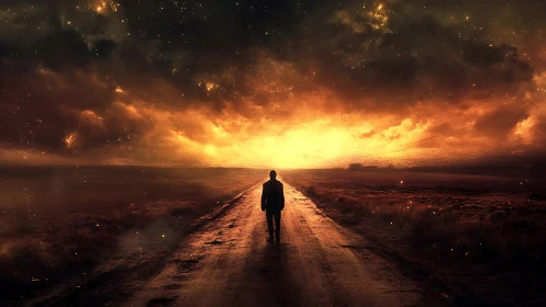 Solitary figure walks road toward blazing cosmic horizon