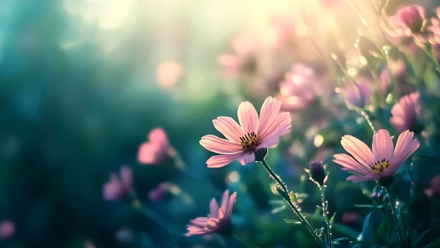 Pink daisy flowers bathed in soft golden sunlight and bokeh.