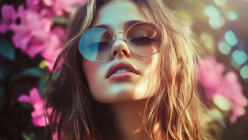 Young person in sunglasses amid blurred pink foliage.