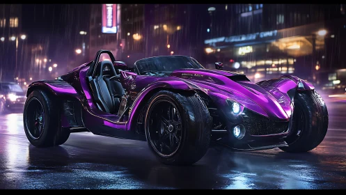 Futuristic purple roadster under neon city rainstorm night.
