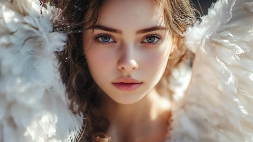 Angelic girl gazes ahead with luminous wings framing her face.