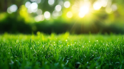 Sunlit grass field shows dewdrops in shallow focus