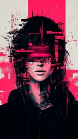 Glitched cyberpunk portrait of woman with neon visor