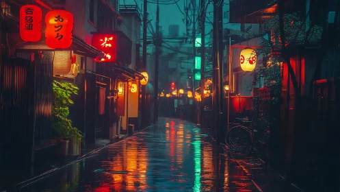 Soft rain settles over a lantern lit Japanese alleyway