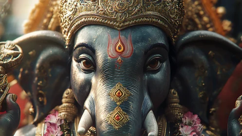 Ornate elephant deity sculpture with gilded crown and jewels.